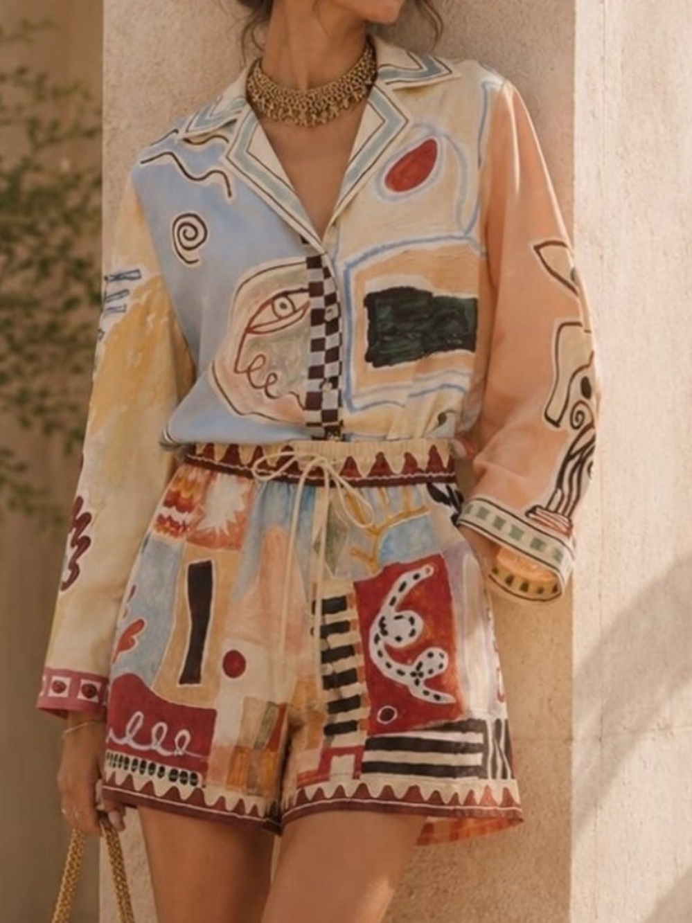 Alèmais Abstract Printed Cotton-Linen Shirt & Short Set in Pastel Multi